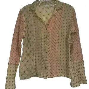 J. Jill Collared Embroidered Floral Crinkle XS Button Down Blouse BOHO hippie